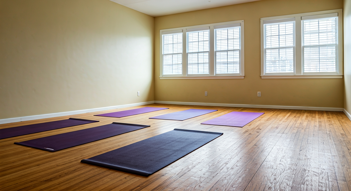 yoga studio in a small neighborhood gym, hardwood floor, six mats laid out, soft natural light, no people
