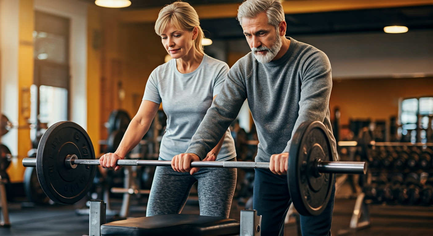 mature man and woman in their fifties spotting each other at a bench press, warm gym lighting, friendly atmosphere